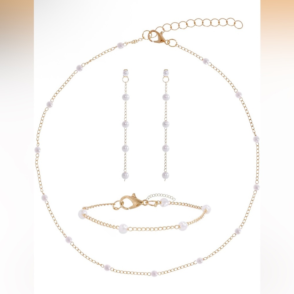 4 Piece 14k Gold Plated Dainty Pearl Jewelry Set